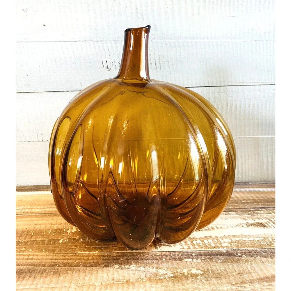 Vintage Blown Amber Glass Pumpkin Candle Holder Poland 10